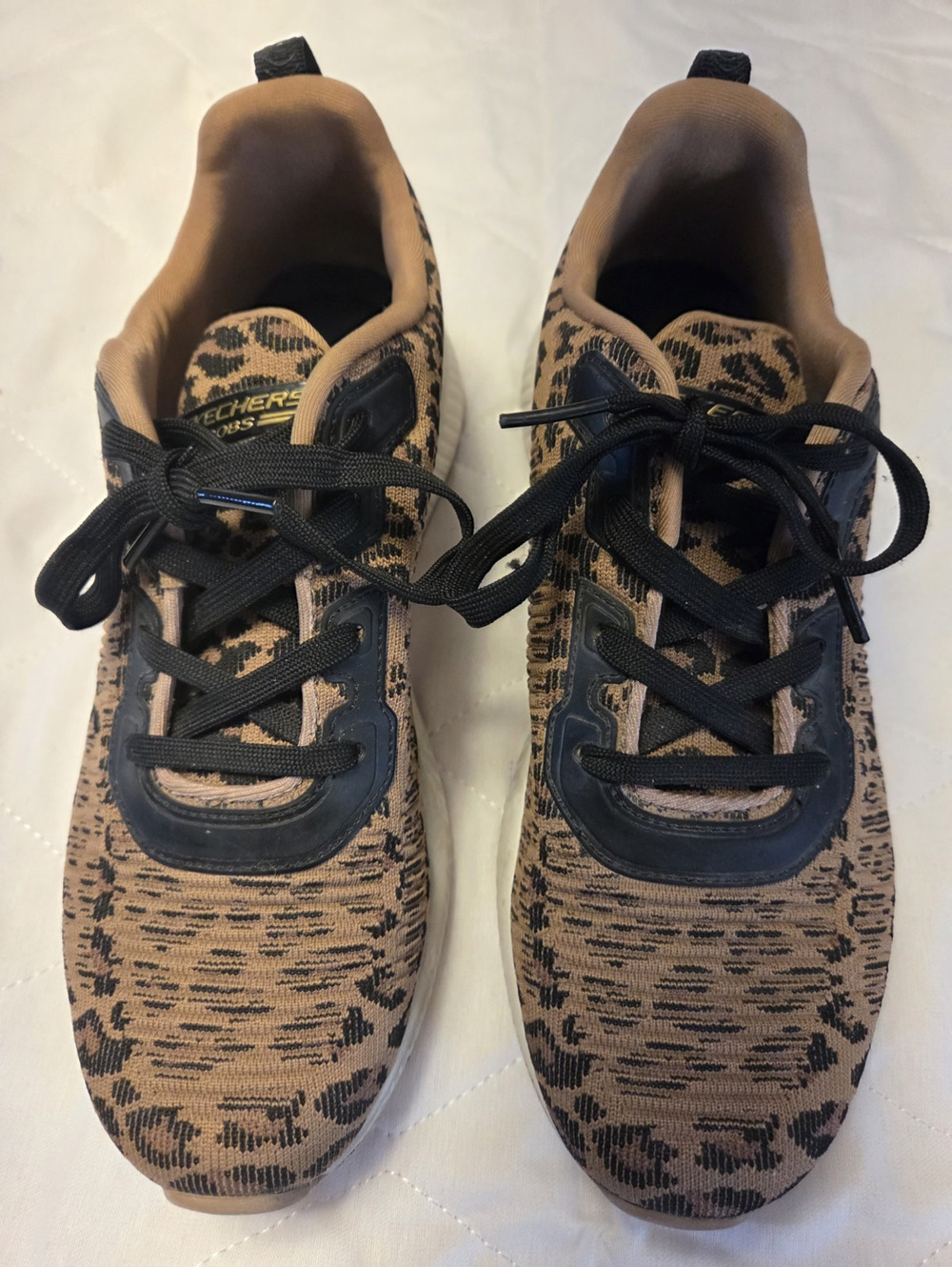 SKECHERS BOBS Women's Leopard Animal Print Lace-Up Low Top Knit Sneaker 117029